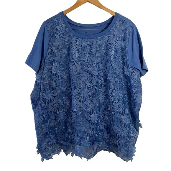 Roamans Blue Blouse Floral Applique Textured 3D 1X Short Sleeves Pullover Top - Picture 1 of 5
